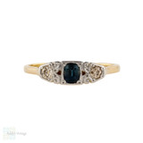 Sapphire & Old Cut Diamond Engagement Ring, Antique Three Stone 18ct 18k Ring.