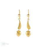 Wing & Heart 9ct Dangle Earrings, Vintage Seed Pearl Set Engraved Puffed 9k Gold Drops.