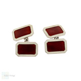 Vintage Red & White Guilloché Enamel Cuff Links, Mid Century Sterling Silver.