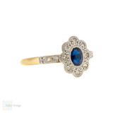 Art Deco Sapphire Engagement Ring with Diamond Halo, 18ct & PLAT.