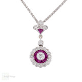 Vintage 18ct White Gold Diamond & Ruby Art Deco Style Target Necklace. Vintage 18ct White Gold Diamond & Ruby Art Deco Style Target Necklace.
