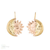 Sun & Moon 14k Two Tone Gold Vintage Celestial Earrings.