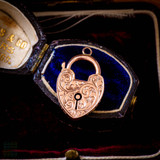 Engraved Antique 9ct Rose Gold Heart Padlock Pendant Clasp.