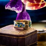 Vintage 9ct Gold Buckle Ring with Enamel Morning Glory Flowers, 1970s.