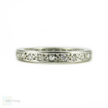 Platinum Art Deco Eternity Ring, Full Hoop Diamond Wedding Ring, Bead Set Diamonds in Platinum. Circa 1920s, Size O / 7.25.