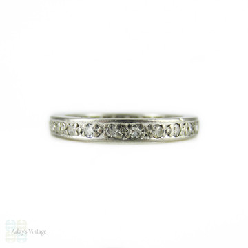Platinum Art Deco Eternity Ring, Full Hoop Diamond Wedding Ring, Bead Set Diamonds in Platinum. Circa 1920s, Size O / 7.25.