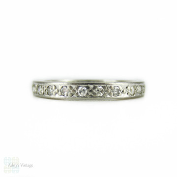 Platinum Art Deco Eternity Ring, Full Hoop Diamond Wedding Ring, Bead Set Diamonds in Platinum. Circa 1920s, Size O / 7.25.