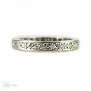 Platinum Art Deco Eternity Ring, Full Hoop Diamond Wedding Ring, Bead Set Diamonds in Platinum. Circa 1920s, Size O / 7.25.