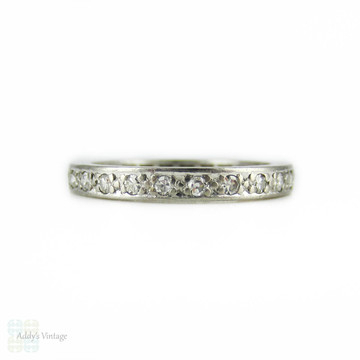 Platinum Art Deco Eternity Ring, Full Hoop Diamond Wedding Ring, Bead Set Diamonds in Platinum. Circa 1920s, Size O / 7.25.