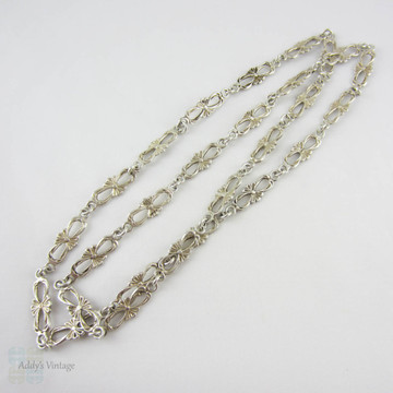 Sterling Silver Long Floral Chain, Art Nouveau Style Vintage Fancy Link Chain, 67 cm / 26.5 inches.