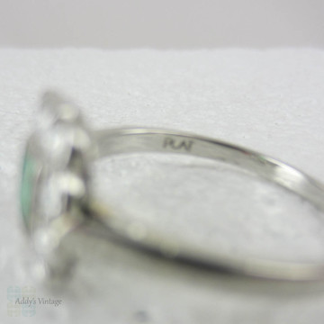 Art Deco Emerald & Diamond Engagement Ring, Platinum Set Deep Green Emerald in Diamond Halo, Circa 1930s.