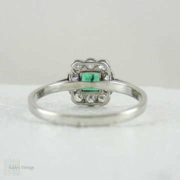 Art Deco Emerald & Diamond Engagement Ring, Platinum Set Deep Green Emerald in Diamond Halo, Circa 1930s.