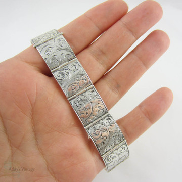 Victorian Sterling Silver Buckle Bracelet. Ornately Foliate Engraved Adjustable Hinged Bracelet, Circa 1800s.