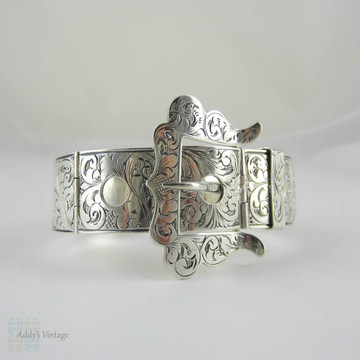 Victorian Sterling Silver Buckle Bracelet. Ornately Foliate Engraved Adjustable Hinged Bracelet, Circa 1800s.