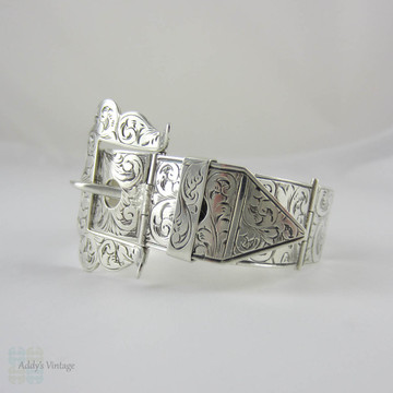 Victorian Sterling Silver Buckle Bracelet. Ornately Foliate Engraved Adjustable Hinged Bracelet, Circa 1800s.