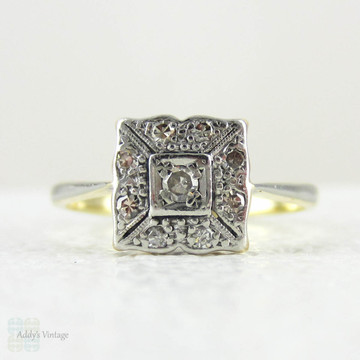 Art Deco Square Shape Engagement Ring, Square Shape Vintage Diamond Cluster Ring with Pierced Design & Milgrain Beading.