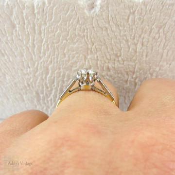 RESERVED.  Vintage Diamond Engagement Ring, Early Round Brilliant Cut Diamond in Classic Diamond Accented Yellow Gold Setting, Circa 1950s.