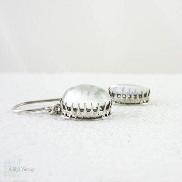 Vintage Moonstone Drop Earrings, Clear Silvery Moonstone Cabochon Dangle Earrings in Sterling Silver.