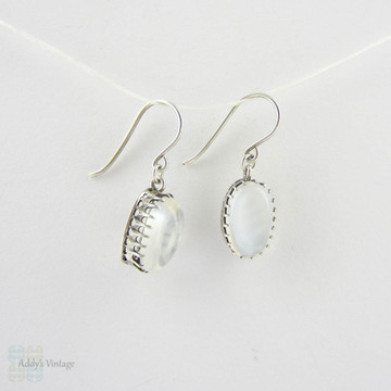 Vintage Moonstone Drop Earrings, Clear Silvery Moonstone Cabochon Dangle Earrings in Sterling Silver.