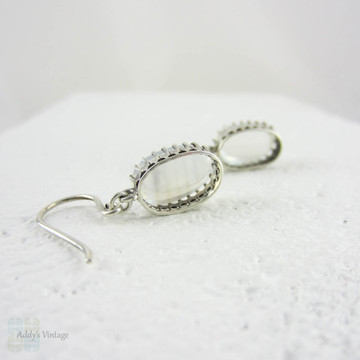 Vintage Moonstone Drop Earrings, Clear Silvery Moonstone Cabochon Dangle Earrings in Sterling Silver.