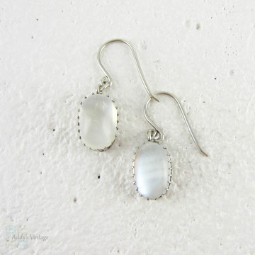 Vintage Moonstone Drop Earrings, Clear Silvery Moonstone Cabochon Dangle Earrings in Sterling Silver.