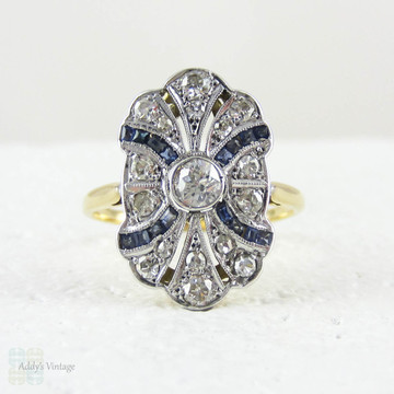 Art Nouveau Sapphire & Diamond Panel Ring, Beautiful Curved Fan Style Geometric Design. 18 Carat Gold, Circa 1910s.