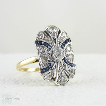 Art Nouveau Sapphire & Diamond Panel Ring, Beautiful Curved Fan Style Geometric Design. 18 Carat Gold, Circa 1910s.