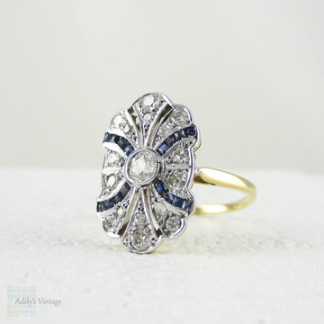 Art Nouveau Sapphire & Diamond Panel Ring, Beautiful Curved Fan Style Geometric Design. 18 Carat Gold, Circa 1910s.