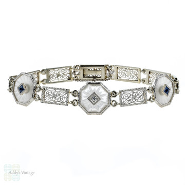 Art Deco Camphor Glass, Diamond & Sapphire Bracelet. Filigree Link 14k White Gold Bracelet.