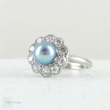 Antique Cultured Pearl Engagement Ring with Old Mine Cut Diamond Halo in Platinum, Edwardian and Diamond Cluster Ring, Circa 1900s.
