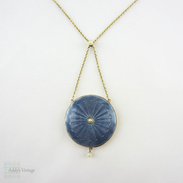 Antique Gold & Enamel Locket. Light Blue Guilloché Enamel Drop Necklace with Seed Pearls in Original Box, Circa 1900s.