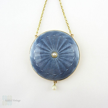 Antique Gold & Enamel Locket. Light Blue Guilloché Enamel Drop Necklace with Seed Pearls in Original Box, Circa 1900s.
