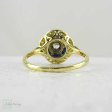 Original Art Deco Diamond & Sapphire Target Ring, French Made Old European Cut Diamond and Calibre Sapphire Ring.