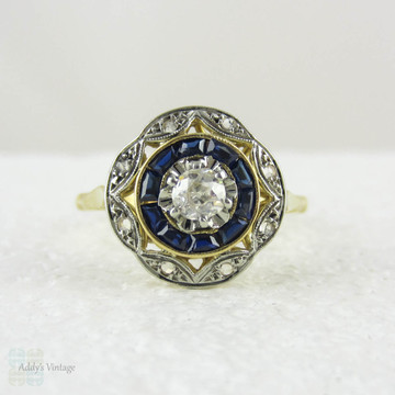 Original Art Deco Diamond & Sapphire Target Ring, French Made Old European Cut Diamond and Calibre Sapphire Ring.