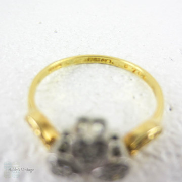 Antique Three Leaf Clover Ring, Lucky Shamrock Diamond Engagement Ring set with Diamonds in Platinum & 18 Carat Yellow Gold, Circa 1910s.