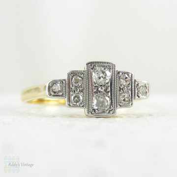 Art Deco Step Design Diamond Engagement Ring, Pave Set 1930s Geometric Shape Diamond Ring with Milgrain Beading in 18 Carat & Platinum.