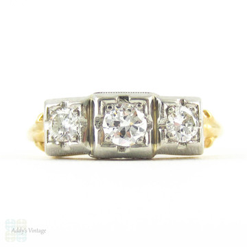 1940s Diamond Engagement Ring, Three Round Brilliant Diamonds in Square Shape Two Tone 18 Carat Gold Setting with Milgrain.