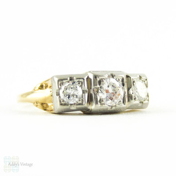 1940s Diamond Engagement Ring, Three Round Brilliant Diamonds in Square Shape Two Tone 18 Carat Gold Setting with Milgrain.