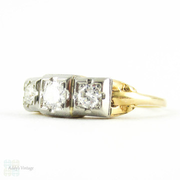 1940s Diamond Engagement Ring, Three Round Brilliant Diamonds in Square Shape Two Tone 18 Carat Gold Setting with Milgrain.
