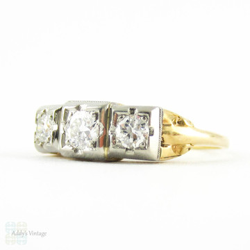 1940s Diamond Engagement Ring, Three Round Brilliant Diamonds in Square Shape Two Tone 18 Carat Gold Setting with Milgrain.