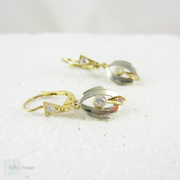 French Art Deco Diamond Earrings. Vintage Dangle Earrings in Two Tone 18 Carat Gold, Circa 1930s Drop Earrings.