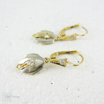 French Art Deco Diamond Earrings. Vintage Dangle Earrings in Two Tone 18 Carat Gold, Circa 1930s Drop Earrings.