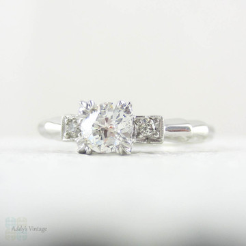 Balance - Vintage Old Mine Cut Diamond Engagement Ring in Platinum. Three Stone Antique Diamond Ring in Fishtail Style Stepped Setting, Circa 1930s.