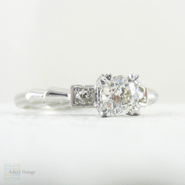 Balance - Vintage Old Mine Cut Diamond Engagement Ring in Platinum. Three Stone Antique Diamond Ring in Fishtail Style Stepped Setting, Circa 1930s.