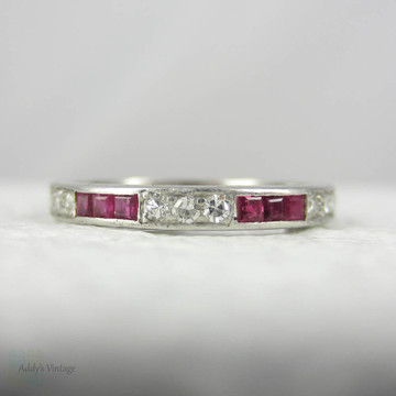 Art Deco Ruby & Diamond Eternity Ring. Vintage Platinum Diamond Wedding Band, Circa 1920s.