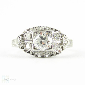 Old European Cut Diamond Engagement Ring. Art Deco Platinum Engraved Filigree Edwardian 0.70 ctw Diamond Ring, Circa 1910s.