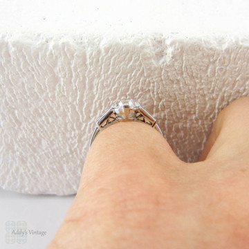 Antique Asscher Cut Diamond Engagement Ring, 3 Stone Diamond Ring with Baguette Accent Diamonds. Edwardian 1900s - 1920s.