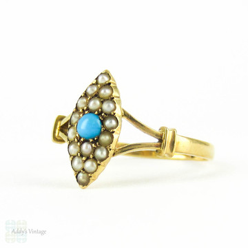 Victorian 15k Turquoise & Seed Pearl Navette Ring, Antique 15ct Gold Marquise Ring, 1890s.