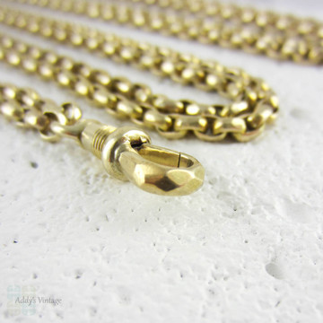 Antique 9 Carat Long Guard Chain, Faceted Belcher Link Yellow Gold Chain Necklace. 155 cm / 61 inches, Heavy 39.7 grams.