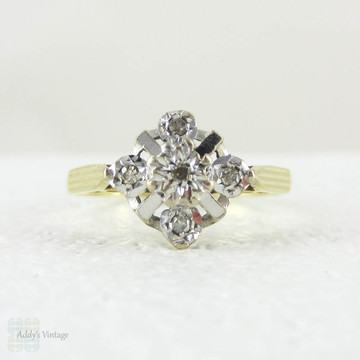 Vintage Diamond Engagement Ring, 5 Stone 1970s Diamond Ring Set in Geometric Shape, 18 Carat White & Yellow Gold.